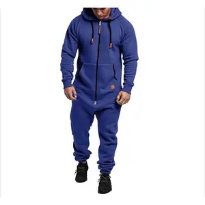 Men??s Hooded Fleece Jumpsuit - Color Block, Casual & Comfortable, Stylish One-Piece Set Menswear Overalls