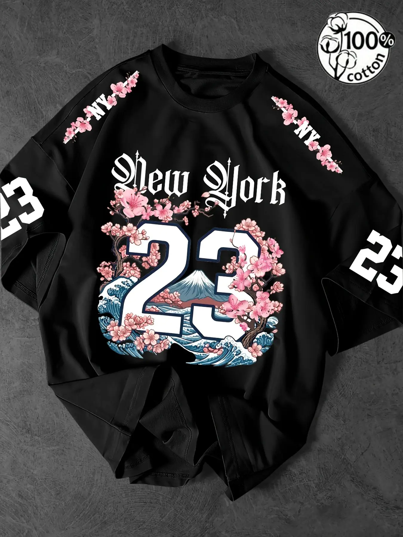 Unisex 100% Cotton New York 23 Cherry Blossom Mount Fuji Wave Graphic Print Oversized Baggy Casual T-Shirt | Y2K Streetwear Top