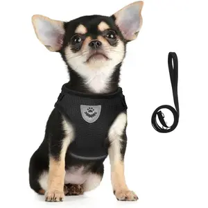Dog Harness Straps and Leash Set for Walking, Soft Mesh Adjustable Easy Control Lightweight Cat Vest with Reflective Strips, Escape Proof Small Dogs Cats Vests (Black, S M L XL)