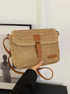 Simple Versatile Magnetic Buckle Closure Straw Beach Bag, Single Shoulder Crossbody, Perfect for Daily Use, Vacation, and Travel