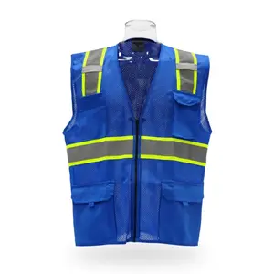 Blue Safety Vest with Reflective Strips and Pockets for Enhanced Visibility Reflectors