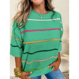 Women’s multicolor striped off-shoulder half-sleeve knit sweater, casual crewneck ribbed pullover, suitable for everyday wear GARMENTARY
