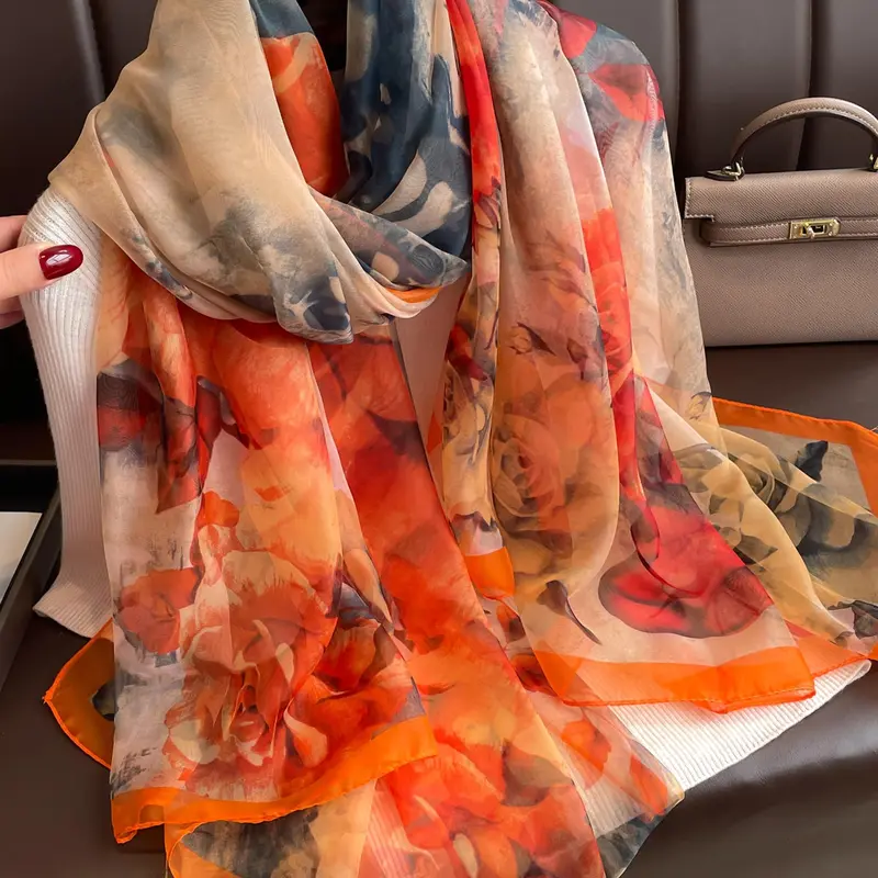 Floral Print Scarf, Fashionable Soft Comfortable for Daily Wear, Casual Versatile Multifunctional Scarf for Women & Men, Fashion Shawl Wrap, Silky Shawl Scarf