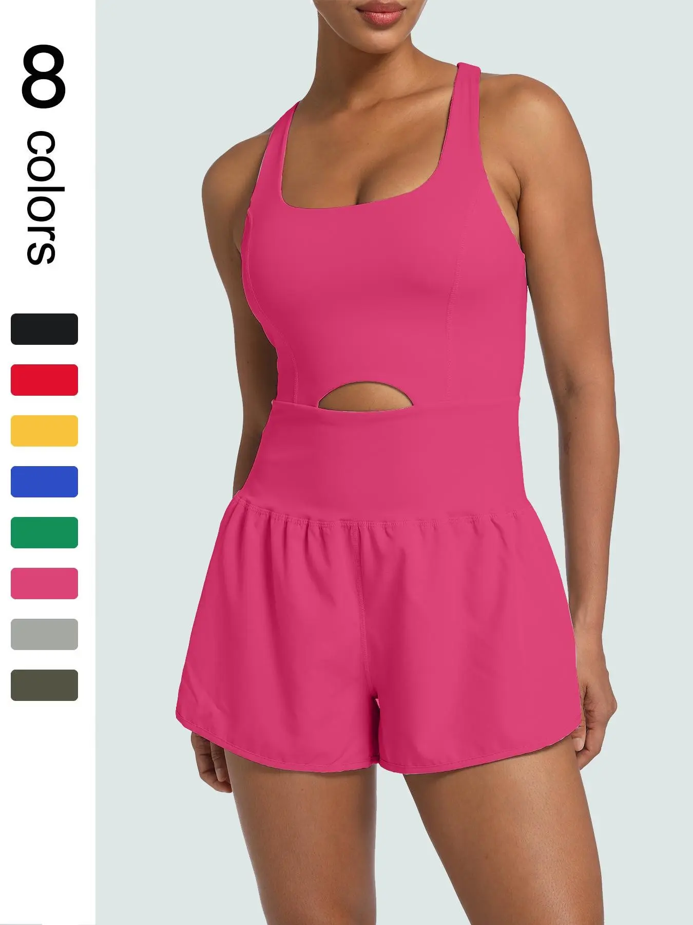 Women's Solid Color Cut Out Sports Romper, Sporty Romper, Casual Sleeveless Tank Romper, High Waisted Romper, Elastic Waist Romper, Workout Rompers, Exercise Rompers, Athletic Rompers for Yoga Gym Workout, Ladies Sportswear for All Seasons, Yoga Jumpsuits