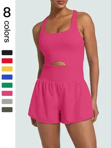 Women's Solid Color Cut Out Sports Romper, Casual Sleeveless Tank Romper for Yoga Gym Workout, Ladies Sportswear for All Seasons