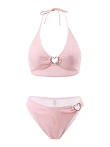 Women's Rhinestones Heart Decor Tie Back Bikini Set, Halter Neck Bikini, Halter Wireless Swim Top & High Cut Swim Bottom, Ladies Summer Swimwear for Beach Holiday Vacation, Summer Swimsuit Set