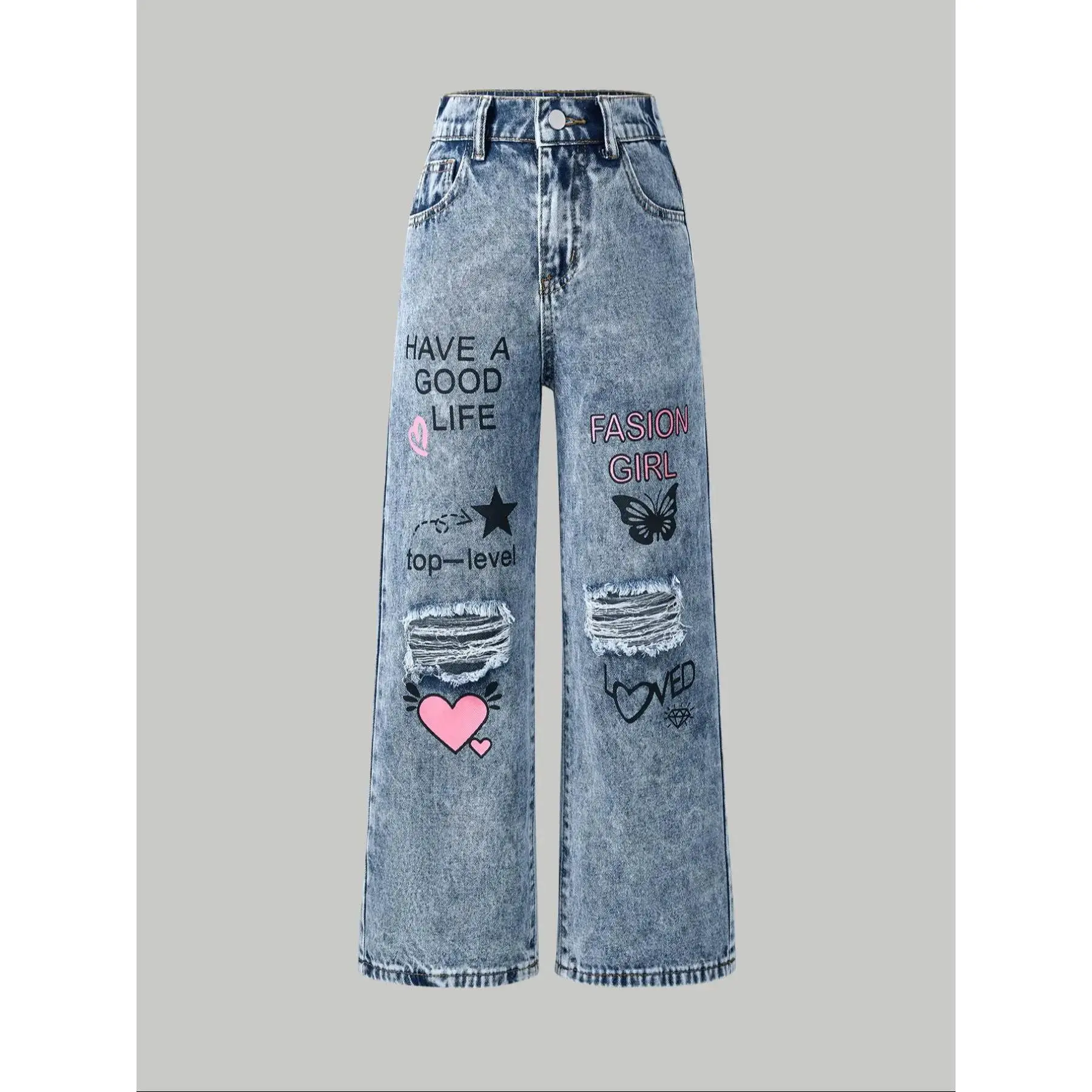 Girl's Letter Print Ripped Pocket Jeans, Cute Fashion Casual Denim Pants for Daily Outdoor Wear, Kids Bottoms for All Seasons