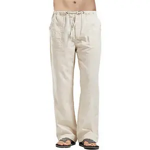 Trouser 2025 Men's Linen Pants - Loose Fit Menswear Beige Plain Pocket Tropical White