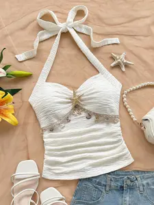 Women's Summer Y2K White Ruffled Strappy Sleeveless Tank Top, Cropped Tank Tops, Starfish-Embellished Fitted Cropped Top, Perfect for Summer Beach, Casual and Everyday Wear, Underwear