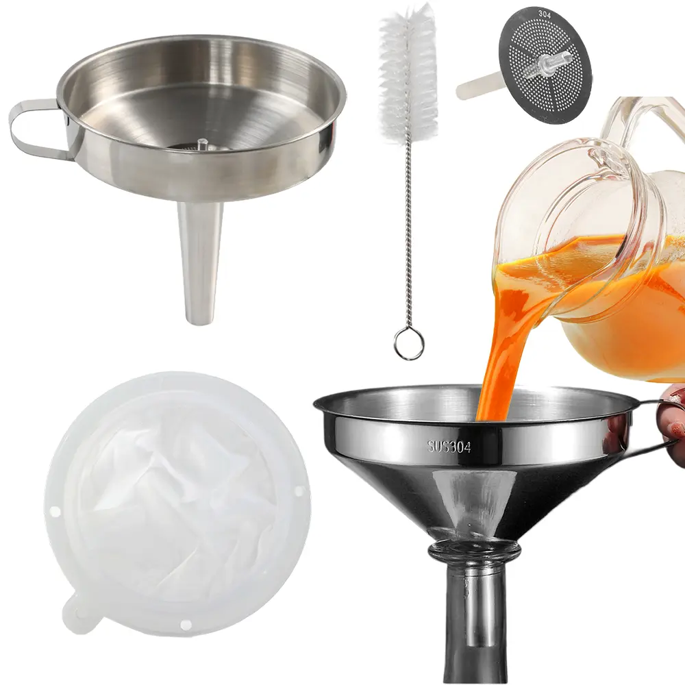 4pcs Stainless Steel Kitchen Funnel Set - Durable, Rustproof, Metallic, Multi-Functional Steel Funnels with Nylon Strainers, Easy-Grip Handle, Cleaning Brush, Dishwasher Safe Fryer Utensils for Oil, Juice, Ideal Kitchen Gifts, Durable Funnels