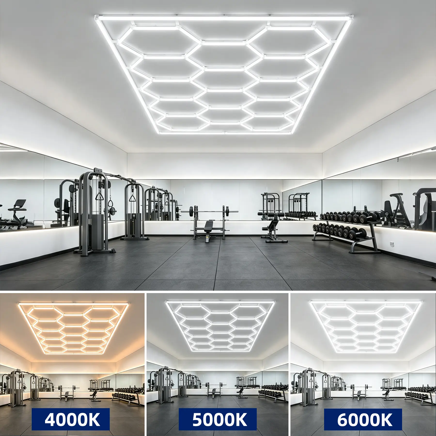 14-Grid Commercial Grade LED Hexagon Ceiling Light 72000 Lumens 600W 3-Color Adjustable 4000K 5000K 6000K Large Honeycomb Lighting for Auto Showrooms Gyms Warehouses Large Garages Easy Install