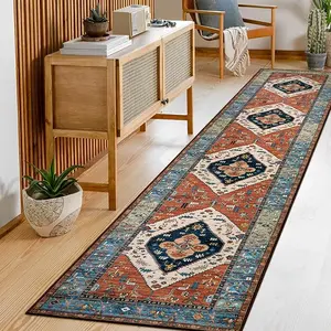 Non Slip Washable Boho Runner Rug, Low Pile Distressed Oriental Hallway Carpet, Vintage Anti-Skid Floor Throw Rug for Kitchen Laundry Bathroom Entrance Bedroom