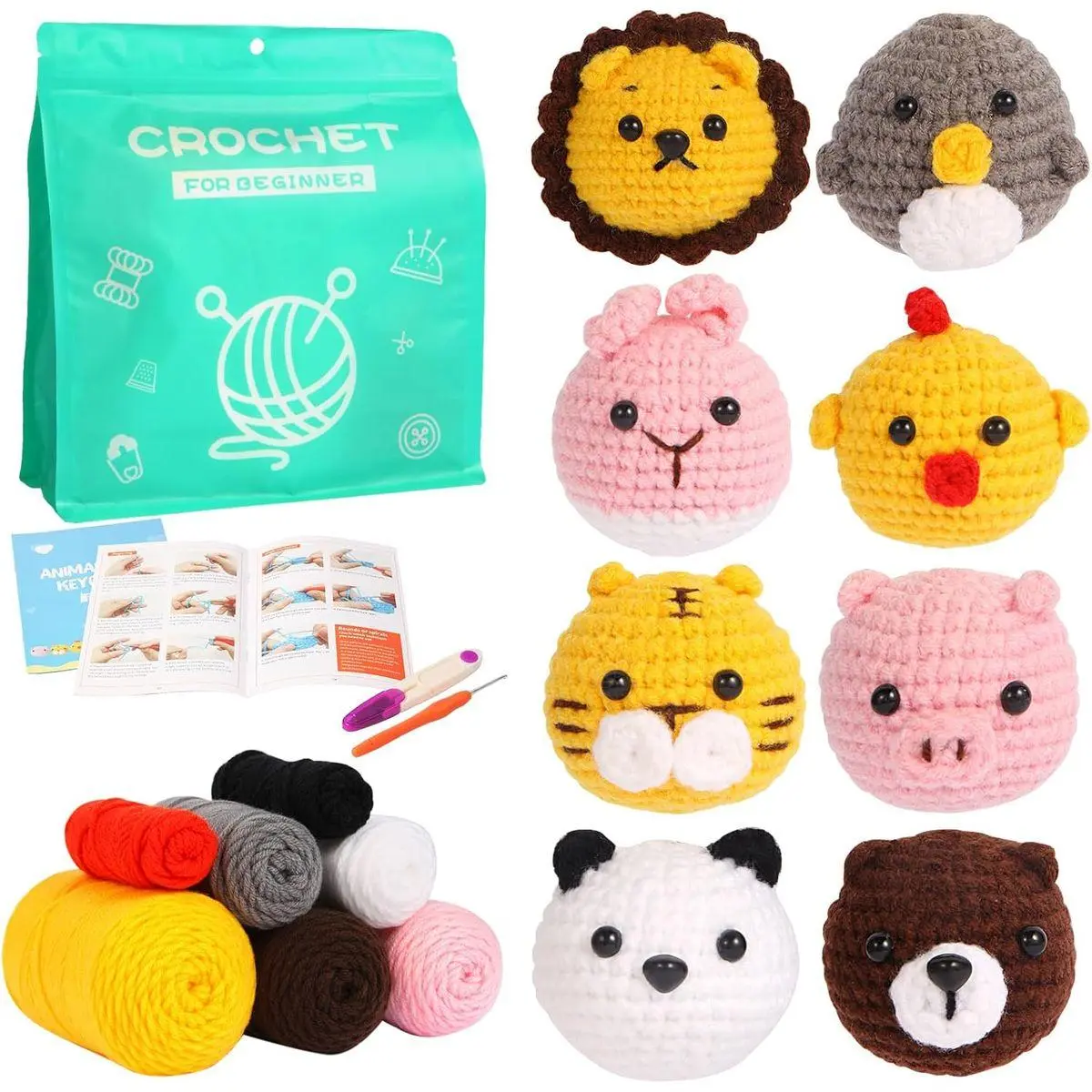 Crochet Kit for Beginners, Crochet Animal Kit with Step-by-Step Video Tutorials, Easy Beginner Crochet Kit for Adults, Women & Men, Handmade DIY Gift Complete Kit Included (8Pack)