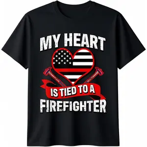 My Heart Is Tied To A Firefighter Fireman Husband & Wife T-Shirt Cotton Short Sleeve Shirt Casual Tee streetwear