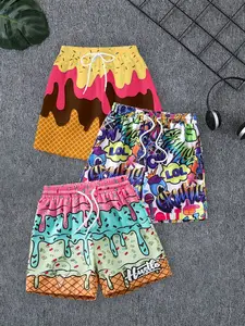 Summer Cartoon Ice Cream Pattern Beach Shorts, Unisex Kids Short Pants, Cute Print Casual Swim Trunks, Multi-Color, Sun Protection, Quick-Dry Comfort