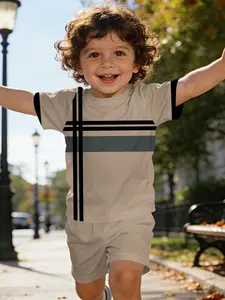 Light luxury style set, gray and black color contrast + neat line printed baby short-sleeve set, baby casual children's clothing, suitable for daily and outdoor sports. The T-shirt is 100% polyester, a perfect gift for babies!