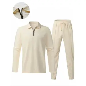 Men’s Solid Color Waffle Texture Set, Half-Zipper Collar Shirt and Elastic Waist Pants, Practical Pockets, Spring and Autumn Casual Wear GARMENTARY