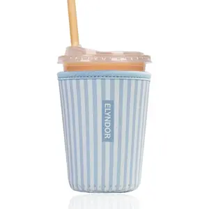Reusable Insulated Sleeve for Iced Coffee Cup, Coffee Neoprene Sleeve for Cold & Hot Drinks, Beverage Holder for Iced Coffee (Blue Stripes, Small: 16-18oz)