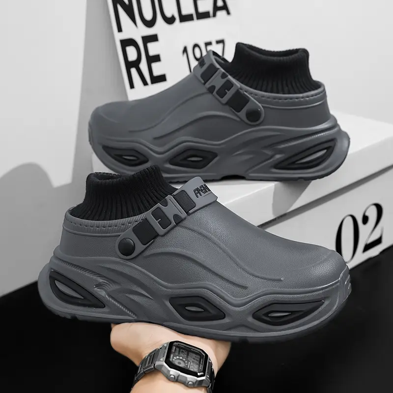 Men Fashion Chunky Platform Clogs, Waterproof EVA Slip On Mules, Sock Collar Adjustable Buckle Strap Closed Toe Shoes, Casual Thick Sole Outdoor Anti-slip Sandals for Daily Walking Flat men's fashion slippers Slip-Ins men's fashion slippers