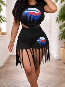 Lip Print Bow Tie T-Shirt & Fringe Shorts Set, Street Fashion, Statement, Cartoon Pattern, Casual Slim-Fitting, Crop/short Length, Women's, Crop Top