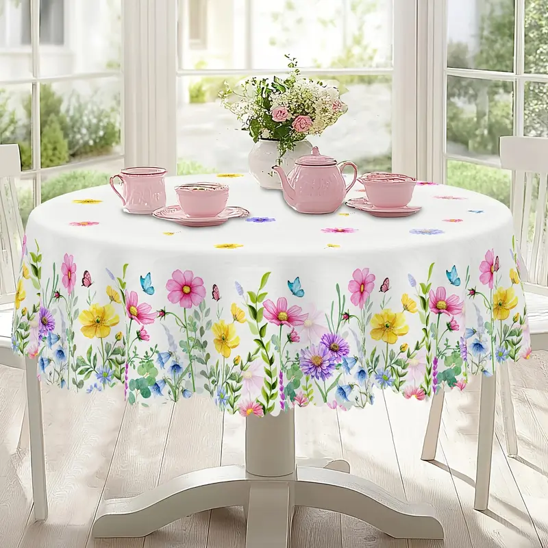 1pc Spring Round And Square Tablecloth, 5 Sizes, Floral And Butterfly Design Wallpaper, Easter Party, Valentine'S Day Theme, Spring Decoration, French Style, Suitable For Home Kitchen And Picnic Tablecloths, Gifts