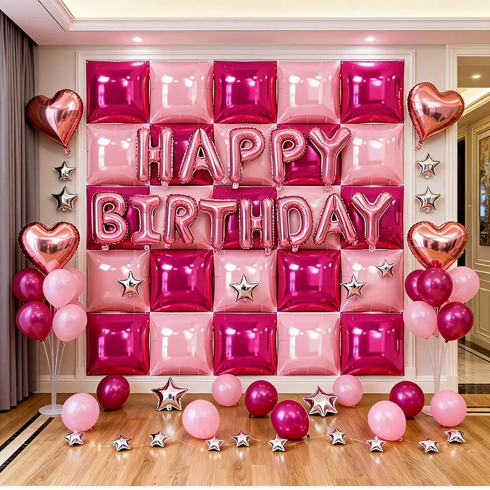 48pcs Set, Balloon Decorations Kit of Pink Square Balloons for a Birthday Garland Wall | Reusable Balloon Party Supplies Background for Christmas, Valentine'S Day, Proposal Arrangements, Weddings, Anniversaries, Square Balloon Backdrop