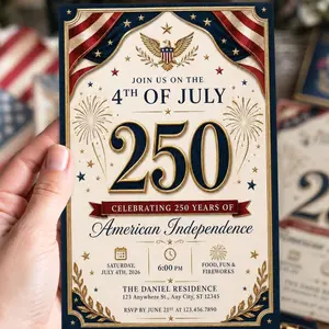 30pcs Custom America’s 250th Anniversary Invitation Card - 5.3" x 8", 4th of July 2026 Party Invite, 4th of July Party Invitation