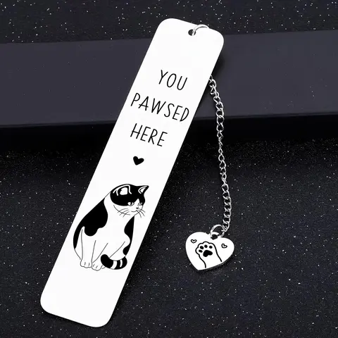 Cartoon Cat Design Bookmark, 1/5/10pcs Stainless Steel Bookmark with Heart Shaped Pendant, Book Enthusiasts, Book Accessories