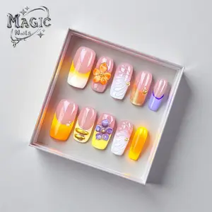 [BUY 1 GET 3 FREE]Magic Nails Elegant Press Ons Iridescent Glitter 3D Flower Design Acrylic False Nails 10 Piece Set Reusable Salon Quality Handmade Manicure Sheet