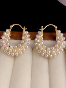 Elegant Faux Pearl Round Hoop Earrings, Pearls Beaded, Daily Wear & Gift Suitable, Women's Fashion Accessories, Geometric Design, Copper Material