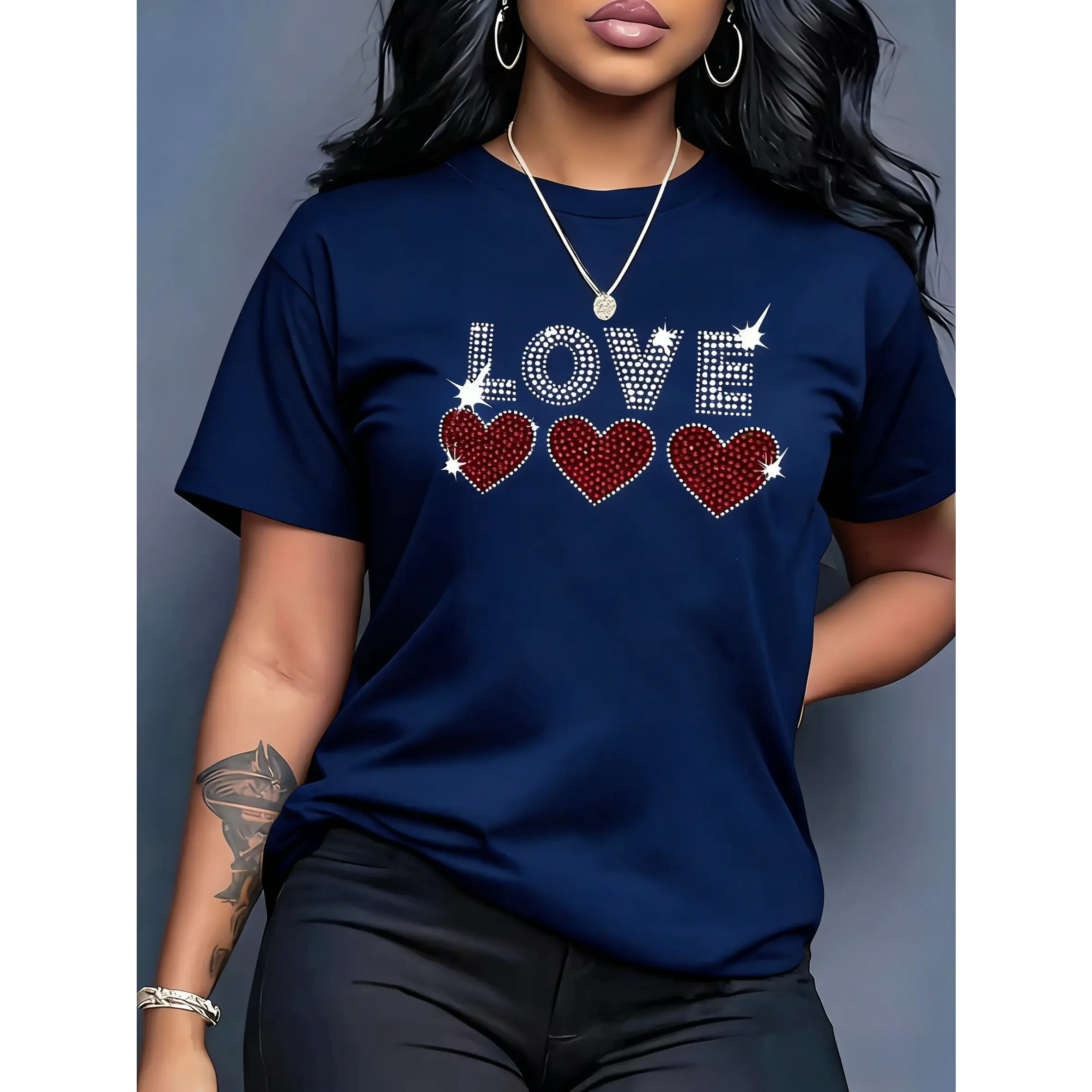 Women's Heart Print Basic T-Shirt in 100% Cotton, Classic Fit Crew Neck Short-Sleeve Top with Seamless Sides, Shortsleeve, Tshirt, Smooth, Graphic, Oversized, Basic Tee, Asymmetrical, Christmas, True Size, Fabric, Printed, Comfy Casual, Wardrobe Staples,,