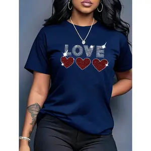 100% pure cotton, available in multiple colors, women's casual short-sleeve T-shirt - heart pattern print olive green crew neck top, machine washable fabric, non-transparent material