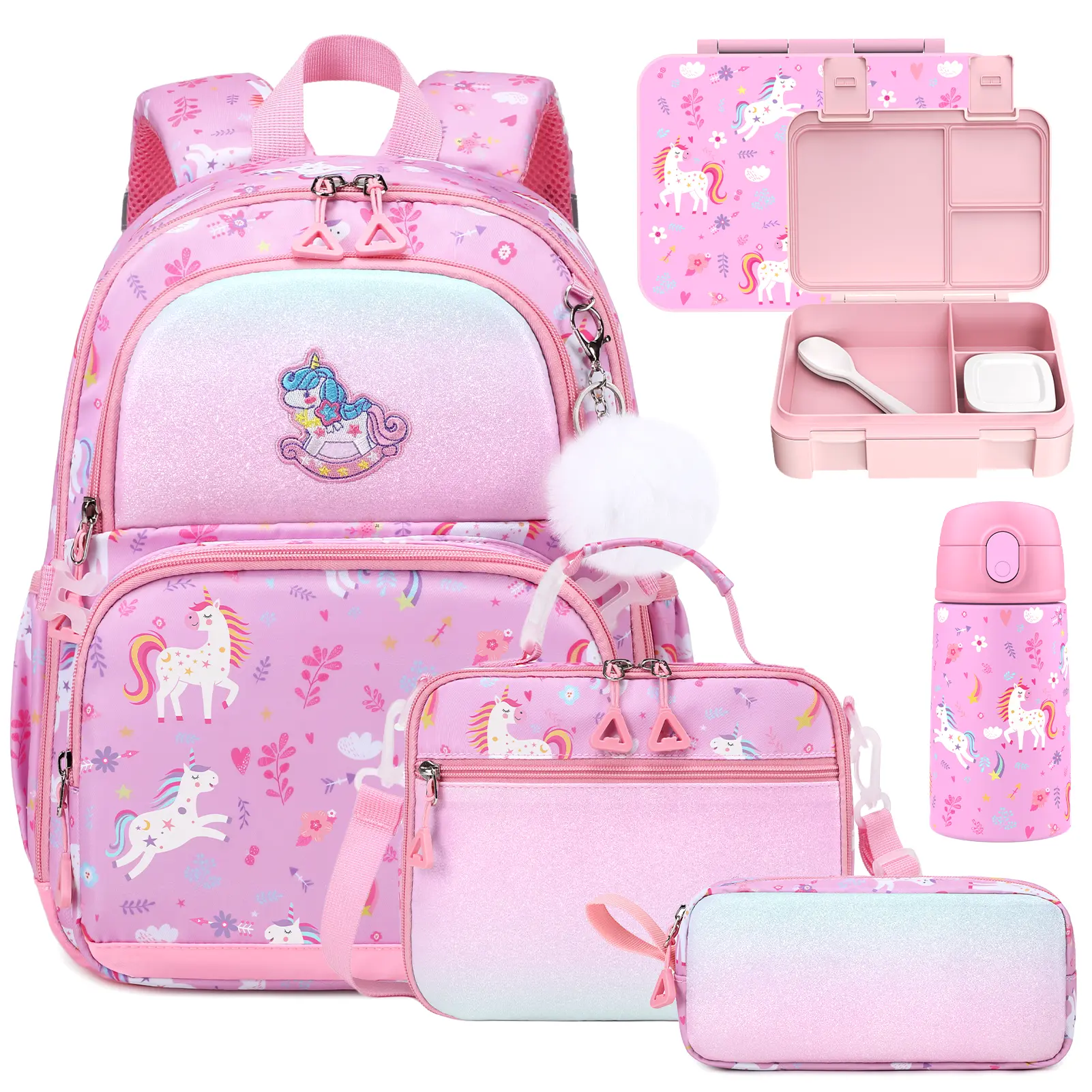 SIMILOVE 4/5PCS Sequins Backpack for Kids Age 5-6, Kawaii School Bookbag with Lunch Box & Pencil Case, Lightweight Daypack for Preschool Kindergarten Girls, Back to School Gifts