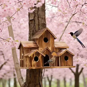 Wooden Bird Houses for Outside, 6 Room Multi-Chamber Hanging Birdhouse, Country Cottage Garden Nest Box for Bluebirds Hummingbirds Swallows
