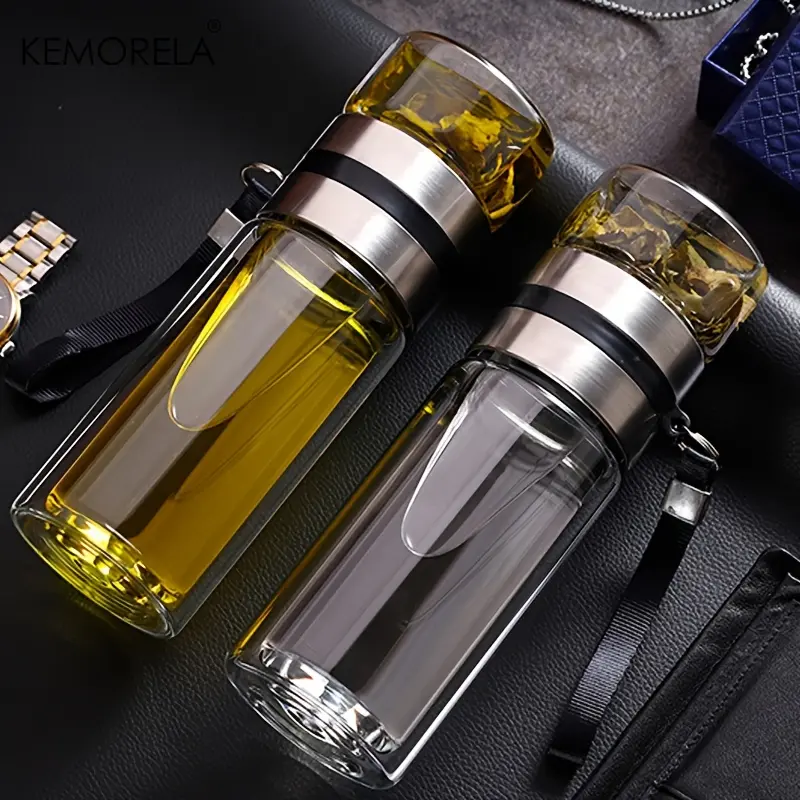 Insulated Reusable Glass Water Bottle Tumbler - Leak-Proof Double-Layer Kitchenware Drinkware, Tea Brewing Infuser, Water Separation Design, Bottled Beverage Compatible, Washable, Portable Reservoir, Insulated Water Bottle