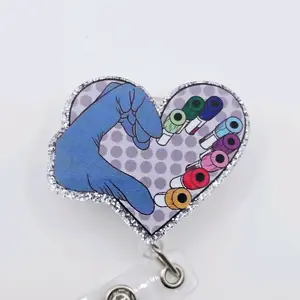 Acrylic Hand Heart with Blood Collection Tubes Vacutainers, Retractable Badge ID Reel, Ideal for Phlebotomists, Lab Techs, and Nurses