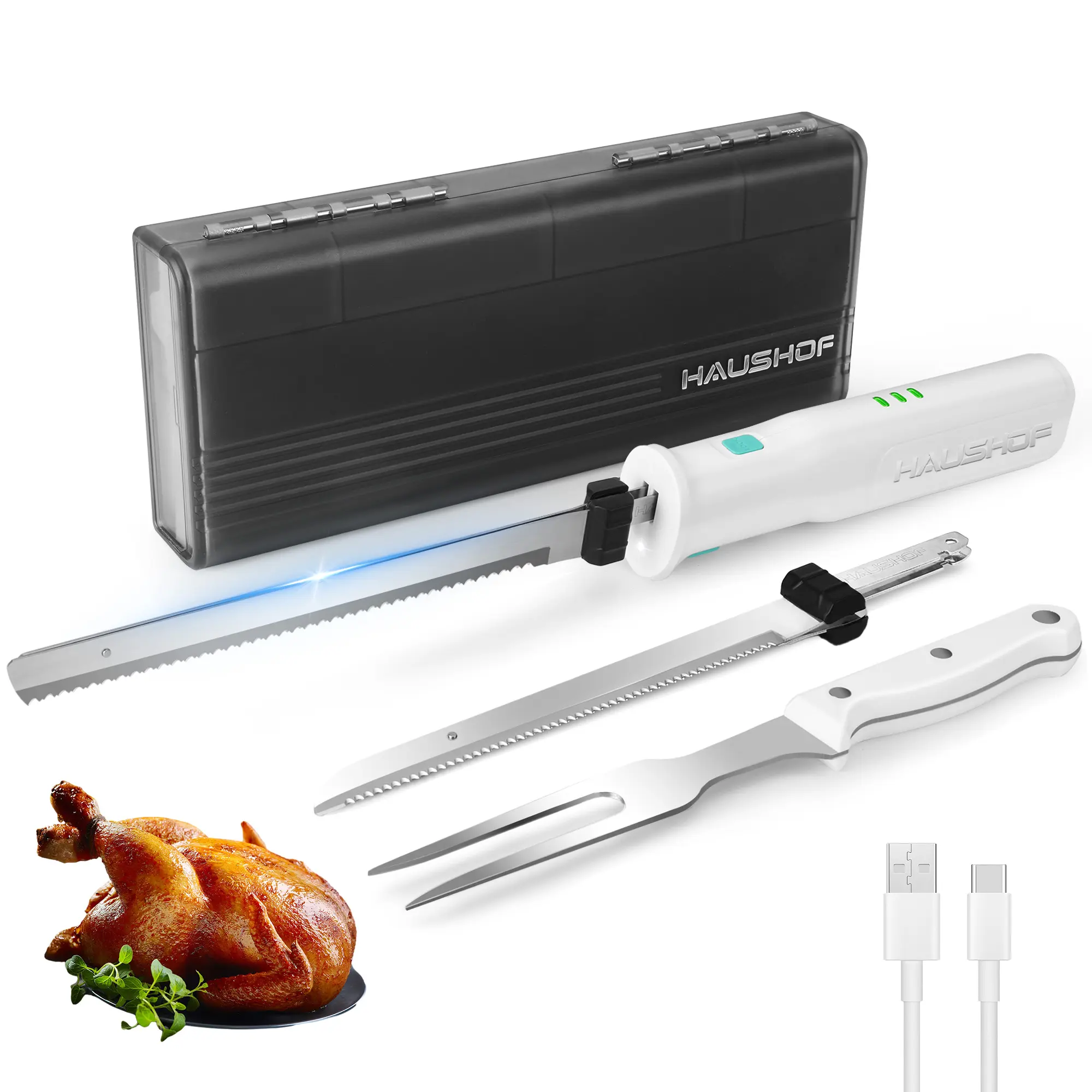 #summersale HAUSHOF Cordless Electric Knife Set for Meat Slicing, 8V Electric Carving Knife for Fish, Bread, Turkey, Rechargeable Meat Cutter with Reciprocating Stainless Steel Blades, Safety Lock & Storage Case