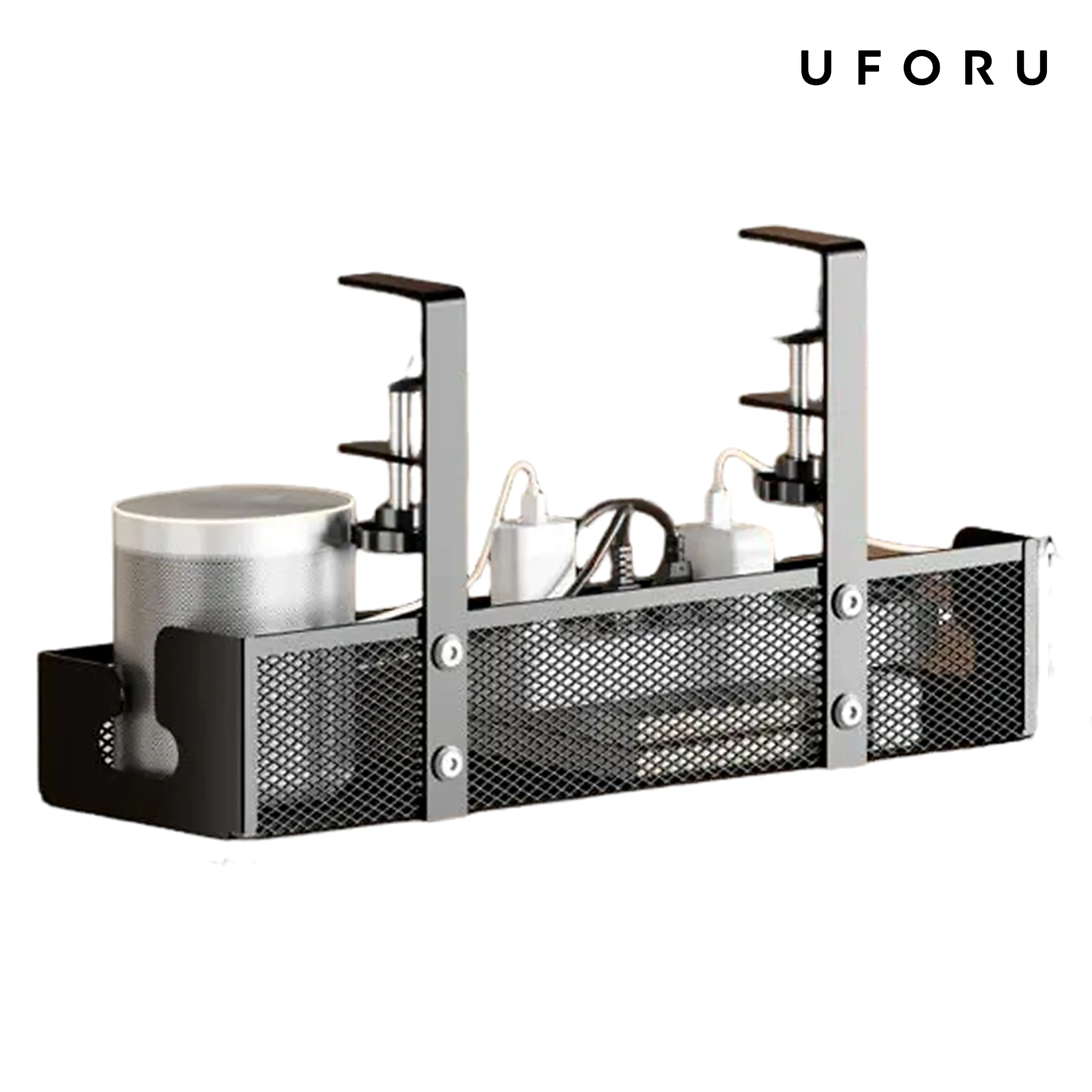 UFORU  Under Desk Cable Management Tray No Drill, Clamp-On Metal Mesh Desk Organizer Basket, Under Desk Storage Shelf for Power Strip, Cords, Chargers, Adapters, Office, Computer Desk and Home Workspace