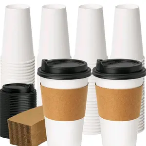 50 Pcs of 16Oz Disposable Paper Cups,  Hot Coffee Cups with Lids, To go Cups with  Sleeves for hot Beverages & Drinks.