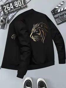 Men's Gold Tiger Print Zipper Jacket, Casual Fitted Drop Shoulder Long Sleeve Knit Coat Outerwear for Fall & Winter, Daily Wear Men's Clothing Menswear