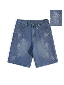McBling Style Rhinestone Cross Denim Shorts, Loose Fit Sparkly Washed Jean Shorts, Trendy Embellished Streetwear Jorts for Festival, Casual Daily & Hip Hop Outfits