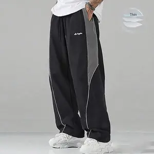 Men's Black Base Color Contrast Athleisure Style Bottoms, Loose Fit Ankle Below Casual Gym Joggers with White Side Stripes, Embroidery, Drawstring Waistband, Straight Cut Polyester Fabric - SpringStatements,summervibes