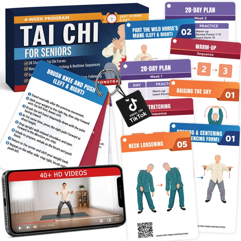 Tai Chi for Seniors Over 60 — Safe & Easy 10-Minute Seated Flows with 46+ Illustrated Exercise Cards, Video Tutorials & 28-Day Plan to Stay Active and Feel Confident