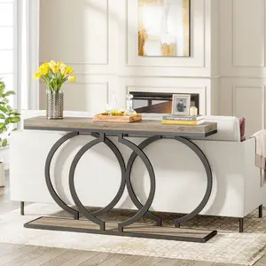 LITTLE TREE Industrial Console Table, 55 Inch Wood Entryway Narrow Long Sofa, Rustic Accent for Living Room, Entrance Geometric Metal Frame