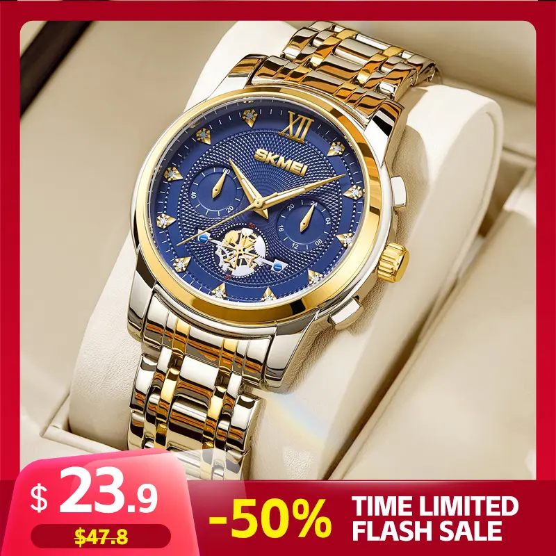SKMEI Men's 41mm Fashionable Business Wristwatch, Water Resistant Quartz Chronograph with Rhinestone Decor and Luminous Date, Fashionable Wristwatch, Water Resistant Wristwatch