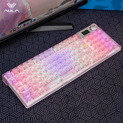 AULA [Version 2.0] F98 Pro V3 Full Transparent QWERTY PC Gaming Keyboard - Wireless, Hot Swappable Gasket RGB, 10000mAh Built-in Battery, Tri-Mode BT/2.4G/USB-C, TFT Screen, Knob, PC Accessories, Wireless Keyboards, Gift Ideas for Gamers, Battery Powered