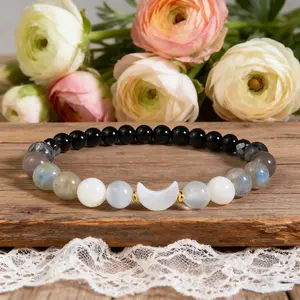 Natural Moonstone Bead Bracelet Labradorite Black Tourmaline Moon Phase Charm Crystal Beaded Healing Bracelet, Gift for Her