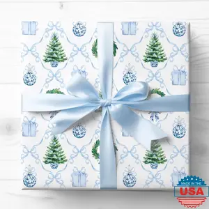 Blue Christmas Bows Gift Wrap, Coquette Bows Wrapping Paper, Chinoiserie Ornaments, Grandmillennial Holiday Gift Wrap