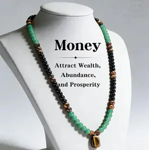 Green Aventurine & Tiger Eye Money Attraction Necklace, Natural Healing Crystal Pendant for Wealth & Prosperity, Long Chain Sweater Necklace, Ideal Gift Jewelry for Men and Women, Jewelry Charms for Anniversary, Vacation &Theme Parties