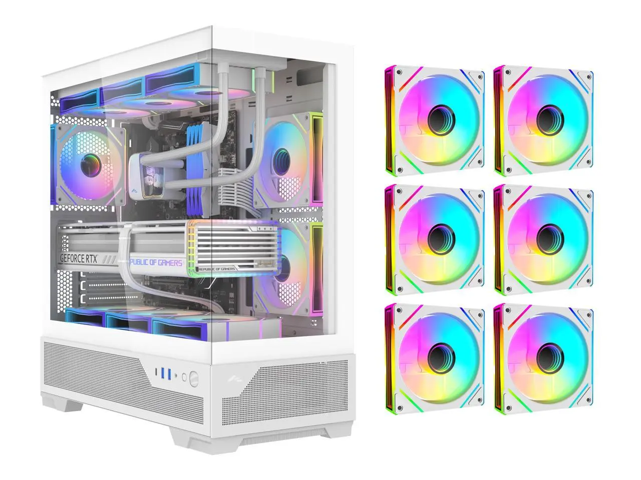 SAMA V43 ATX Gaming PC Case, 6 x ARGB Infinity Mirror Fans + PWM Hub Included, High Airflow, USB 3.2 Gen2x2 Type-C, Supports 360mm Radiator, 427mm GPU, Tempered Glass White
